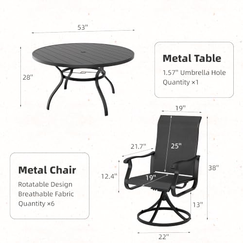 SUNCROWN 7-Piece Outdoor Patio Dining Set, All Weather Round Metal Table & 6 Black Swivel Textilene Mesh Chairs, Weather Resistant Patio Furniture for Deck Lawn Garden Backyard Poolside