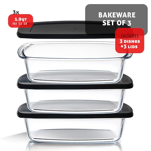 Nestl Set of 3 Glass Bread Loaf Pans for Baking Bread Pans for Homemade Breads, Glass Food Storage Containers with Lids, Glass Baking Dishes for Oven, Pound Cake Pan, Loaf Pan, 1.9 Quart