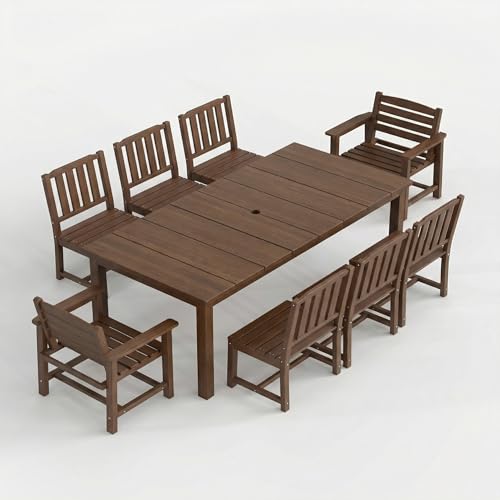 Patio Kingdom 9-Piece Outdoor Dining Set for 8, 75.2" HDPE Table with Umbrella Hole & 8 Chairs, All-Weather Patio Furniture for Lawn, Yard, Deck, or Poolside, Fade & Crack Resistant (Brown)