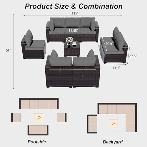 ALAULM Patio Furniture Set with Coffee Table, 9 Pieces Outdoor Sectional with Wide Seat and Thick Cushion, All Weather Wicker Rattan Conversation Set for Backyard, Garden, Deck, Grey