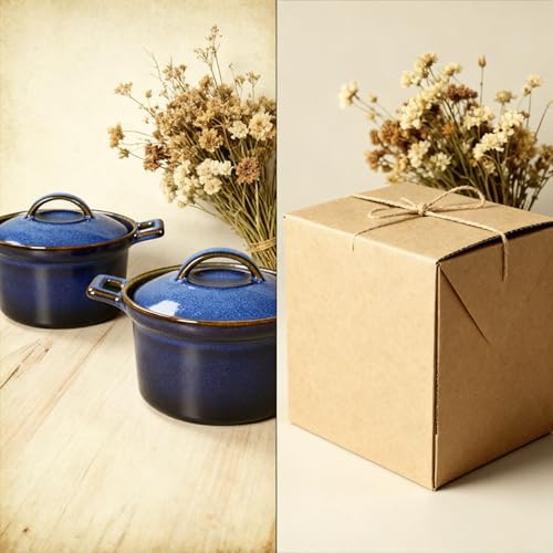 dingdaer Mini Cocotte Set, Small Casserole Dishes with Lids & Handle, 16.9 OZ Ceramic Mini Dutch Oven Set of 2, Individual Baking Ramekins for Lasagna, Soufflé, Soup Tureen, Oven, Microwave Safe, Blue