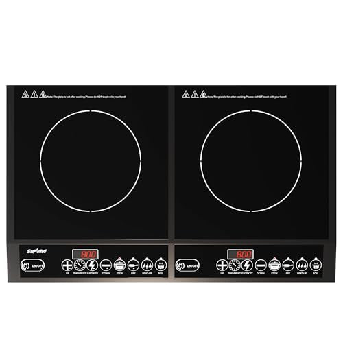 Sunvivi Portable Induction Cooktop: 2 Burners in 1, Commercial-Grade Electric Countertop Stove with LED Touchscreen, 8 Power Levels & Precise Temp Control (176°F-518°F), Independent Timer, Black