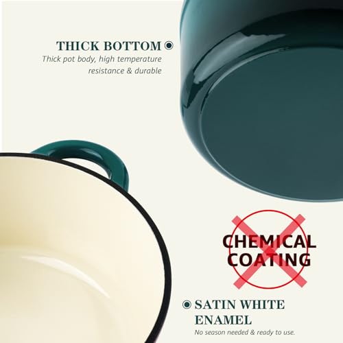 Overmont Enameled Cast Iron Dutch Oven - 7QT Pot with Lid Cookbook & Cotton Potholders - Heavy-Duty Cookware for Braising, Stews, Roasting, Sourdough Baking bottle green