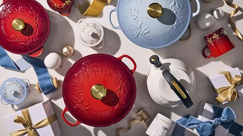 Le Creuset Stoneware Holly Collection Mini Round Cocotte, 8 oz., Cerise with Gold Applique