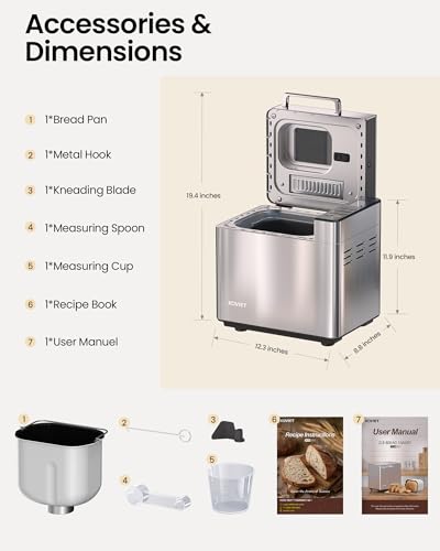 KOVIET 25-in-1 Bread Maker Machine with Automatic Dual Dispenser, 2LB Stainless Steel Breadmaker with Gluten-Free, Dough, Jam, Yogurt etc Settings, Silver