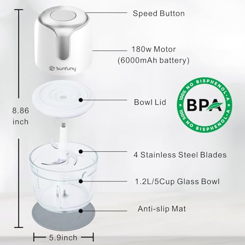 Food Processor Cordless, 6000mAh Wireless Garlic Chopper, 5-Cup Glass Bowl