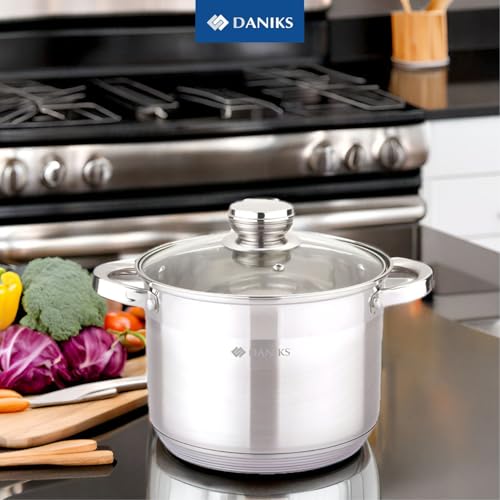 Daniks Standard 10 Quart Stainless Steel Stock Pot with Glass Lid, Tri-Ply Bottom for Even Heating, Induction Compatible, Dishwasher Safe, Built-In Measuring Scale, Silver