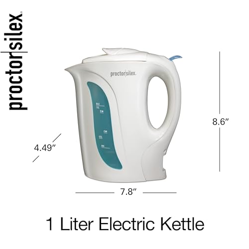 Proctor Silex Electric Tea Kettle, Water Boiler & Heater Auto-Shutoff & Boil-Dry Protection, 1000 Watts for Fast Boiling, 1 Liter, White