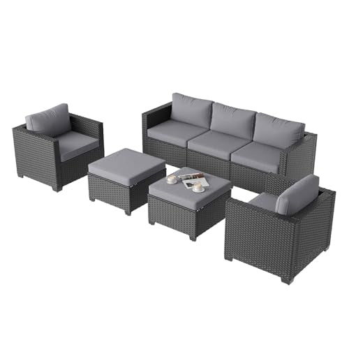 Aoxun Patio Furniture Set, 5 Piece Outdoor Sectional Sofa with Ottomans, Wicker Outdoor Furniture Conversation Sets with Waterproof Cover for Deck Backyard Grey