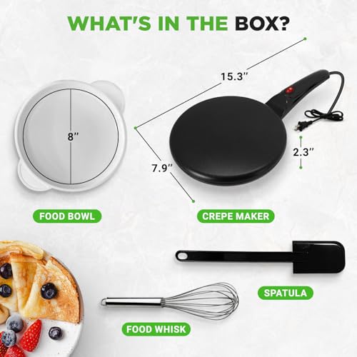 Nutrichef Electric Crepe Maker | 8-inch Nonstick Cooktop with On/Off Switch | Cooks Roti, Tortillas & Pancakes | Automatic Temperature Control & Cool Touch Handle | Includes Food Bowl, Whisk & Spatula