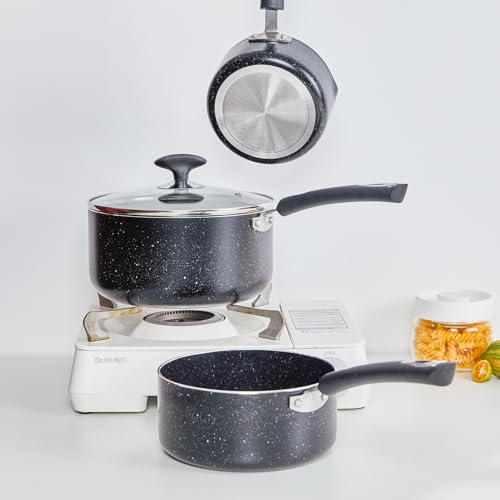 RATWIA Nonstick Saucepan Set - 3-Pieces Pot Set 1 Quart & 2 Quart & 3 Quart,Ultra Non Stick Sauce Pan Small Pot with Glass Lid,Great for Home Kitchen Restaurant,Black