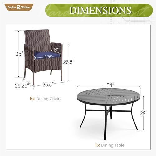 Sophia & William 7 Pieces Round Patio Dining Set for 6, Metal Patio Table and Rattan Chairs Set for Outside, All Weather Outdoor Dining Set with 1.6" - 2" Umbrella Hole