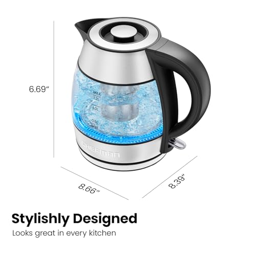 CHEFMAN Electric Kettle - 1.2L 1500W Hot Water Tea Pot with Infuser, BPA Free, Auto Shut Off, Boil-Dry Protection, Removable Lid, LED Light, Cordless Glass Electric Tea Kettle – Stainless Steel