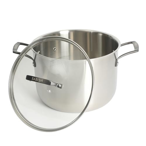 Babish 8 Quart Tri-Ply Stainless Steel Stock Pot with Glass Lid & Black Handles – Dutch Oven, Oven Safe, Dishwasher Safe