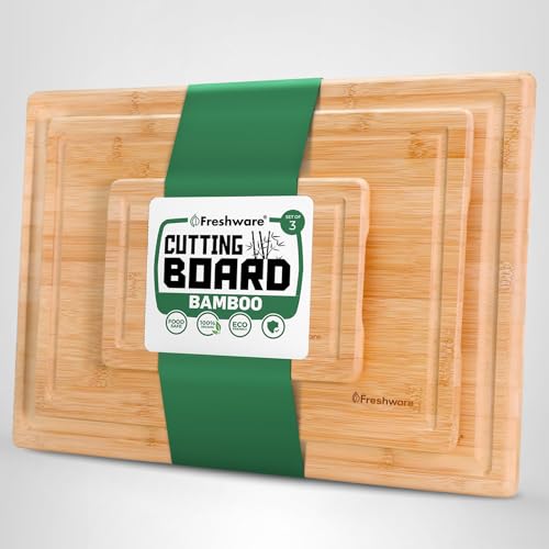 Freshware Wood Cutting Boards for Kitchen - Bamboo Cutting Board Set of 3, Cutting Boards with Juice Grooves, Serving Board Set, Chopping Board for Meat, Veggie, Easy Grip Handle (9x6", 12x8", 15x10")