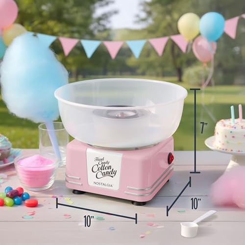 Nostalgia Countertop Cotton Candy Machine – Use Normal or Sugar-Free Candy or Flossing Sugar – Includes 2 Reusable Cones and Measuring Scoop – Pink