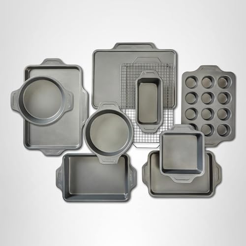 All-Clad Pro-Release Nonstick Bakeware Set 10 Piece Oven Safe 450F Half Sheet, Cookie Sheet, Muffin Pan, Cooling & Baking Rack, Round Cake Pan, Loaf Pan, Baking Pan Grey