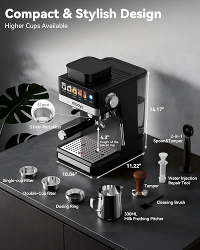 Mooye Espresso Machine with Grinder, 20 Bar Coffee Maker with Milk Frother