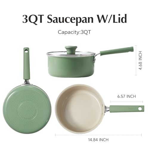 Redchef Ceramic Nonstick Saucepan with Lid, 3QT Small Cooking Pot,Non Toxic Sauce Pans for Kitchen, Cool Handle PFAS Free Compatible with All Cooktops, Green