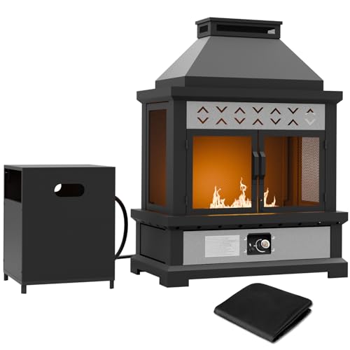 EAGLE PEAK Outdoor Propane Fireplace 50,000 BTU Gas Fireplace with Locking Mesh Doors with Storage & Adjustable Flame, Patio Heater for Decks Backyards, Black/Gray