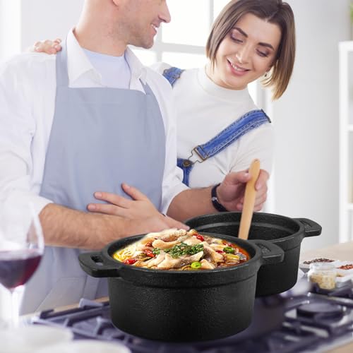 Suttmin 4 Pcs Mini Dutch Oven Small Round Iron Cocotte Black Dutch Oven Pot with Lid and Dual Handles Cast Iron Pot for Stovetop Use Marinate Cook Bake Refrigerate Garlic, Individual Servings(20 oz)
