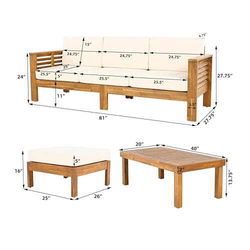 Merax 3 Piece Acacia Wood Patio Furniture Set, Outdoor Sectional Sofa Set with Coffee Table, 4 Seats Sofa Deep Seating with Soft Cushions for Garden, Backyard, Teak & Cream