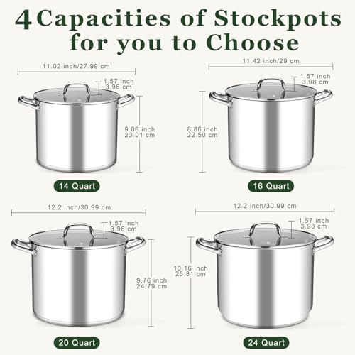 Leonyo 20QT Stock Pot, 18/10 Stainless Steel Soup Pot With Lid, Heavy Duty Stockpot Compatible with All Stoves, Food Grade Cookware for Pasta, Seafood, Spaghetti, Non Stick & Tri-Ply Base