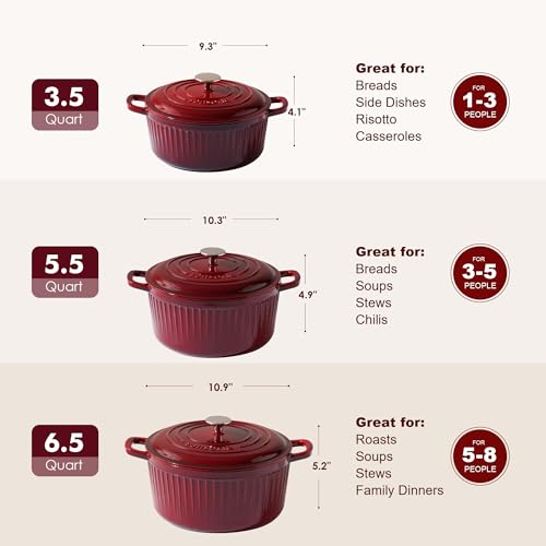 SENSARTE Enameled Cast Iron Dutch Oven Pot with Lid 3.5/5.5/6.5 Quart Heavy-Duty Round Dual Handles Kitchen Pot with Cotton Potholders & Silicone Trivet, Pot for Bread Baking, Stews, Braising, Roasting, Oven Safe, 6.5 Quart, Red