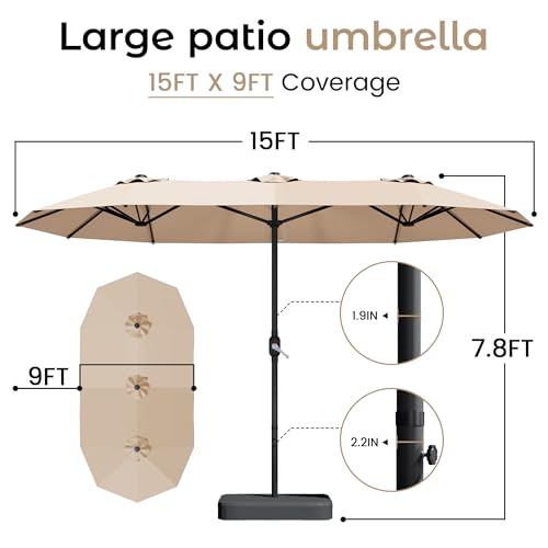 8 Piece HDPE Outdoor Dining Set for 6 with 15ft Umbrella and Base,Teak
