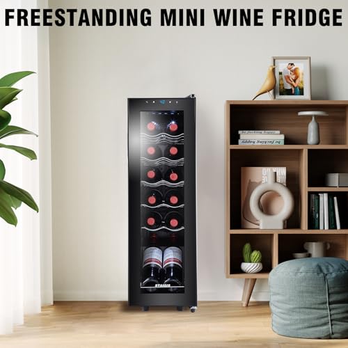 STAIGIS 12 Bottle Wine Cooler, Mini Fridge for Red and White, Small Freestanding Refrigerator with 40-66F Digital Temperature Control Glass Door