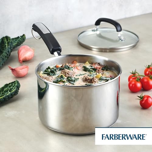 Farberware Brilliance Stainless Steel Saucepan/Saucepot with Glass Lid, 3 Quart, Dishwasher Safe and Induction Ready, Compatible with All Cooktops, Stainless Steel Kitchenware