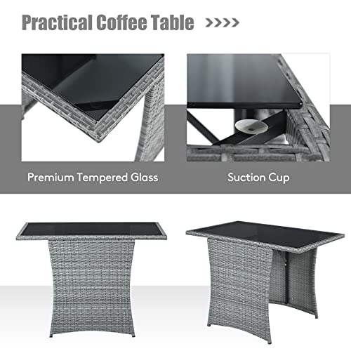 Tangkula 3 Pieces Patio Dining Set, Patiojoy Space-Saving PE Rattan Bistro Set with Tempered Glass Top Table and Cushioned Chairs, Outdoor Conversation Set for Garden, Backyard, Poolside, Porch