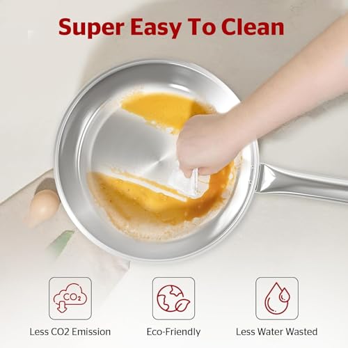 Sunhouse 18/10 Stainless Steel Pan 9 Inch, 3-Ply Clad No Coatings Frying Pan, Skillet with Stay-cool Handle, Oven and Dishwasher Safe, Induction Compatible