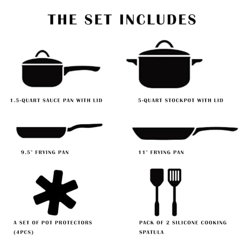 Vkoocy Non Stick Pots and Pans Set, Healthy Ceramic Cookware Set, 12pcs Kitchen Cooking Pots and Frying Sauce Saute Pans Set, PFAS-Free with Kitchen Utensils and Lid, Black