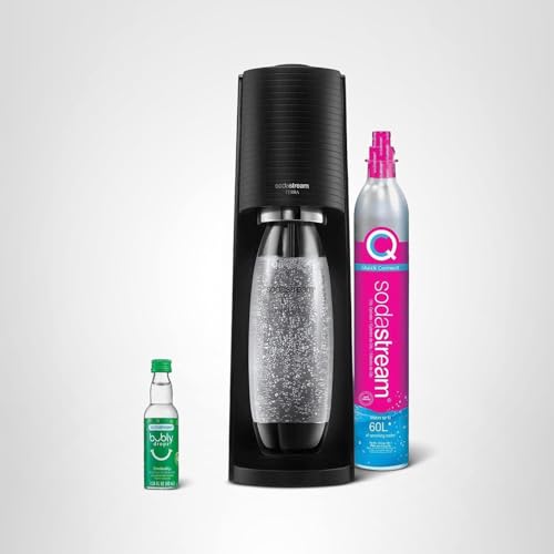 SodaStream TERRA Sparkling Water Maker, Starter Kit, CQC CO2 System, Includes 1 Quick Connect 60L CO2 Cylinder, 1 Dishwasher Safe BPA Free Bottle, 1 bubly Lime Drop, Make your own Pepsi, Black