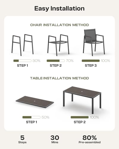 Oasbira Outdoor Dining Set, 7 Piece Aluminum Patio Table and Chairs Set, All Weather Patio Dining Furniture Set with Umbrella Hole for Backyard, Deck, Poolside (Charcoal)