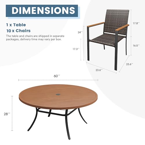 DIFY 11 Piece Patio Dining Set, Metal Outdoor Table and Chairs Set for 10, 60" Round Walnut Dining Table with Umbrella Hole & Wicker Stackable Patio Chairs, Patio Furniture Set for Garden Backyard