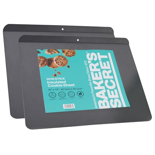 Baker's Secret 2pcs Insulated Cookie Sheet Cookie Tray 16" x 14", Carbon Steel Insulated Double Wall, for Baking Roasting Cooking, Dishwasher Safe Home Baking Supplies PFOA, PFOS, PTFE free