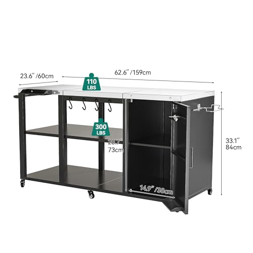 YITAHOME Big Green Egg Grill Table with Removable Stainless Steel Tabletop, Outdoor Kitchen Island with Spice Rack, Paper Towel Holder, and Trash Bag Holder, BBQ Prep Table for Parties