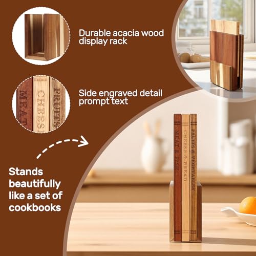 Book Cutting Board Set with Wood Stand, Wooden Cutting Boards for Kitchen,Knife Friendly Decorative Board that Look Like Books, Easy to Store & Clean,Unique Gift for Book Lovers & Home Cooks