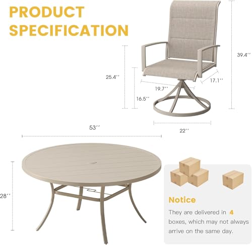 VICLLAX 7 Pieces Patio Dining Set for 6-Outdoor Furniture Includes 53" Round Outdoor Table and Swivel Padded Chairs, Sandshell Color Tabletop and Fabric