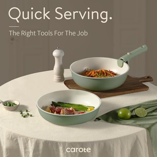 CAROTE Pots and Pans Set, Nonstick Cookware Set Detachable Handle, 19pcs Induction Kitchen Cookware Sets Non Stick with Removable Handle, RV Cookware Set, Oven Safe, Sage Green