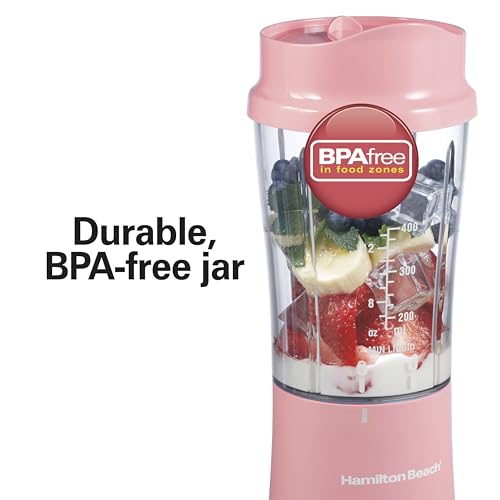 Hamilton Beach Portable Blender for Shakes and Smoothies, 14 Oz BPA Free Travel Cup & Lid, Durable Stainless Steel Blades, Personal Smoothie Blender, Coral (51171)