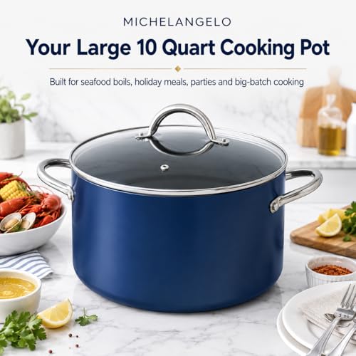 MICHELANGELO 10 Quart Stock Pot with Lid, Large Ceramic Nonstick Soup Pot for Seafood Boil, Crab, Pasta & Holiday Cooking, Non Toxic Induction Stockpot with Stainless Steel Handles, Blue