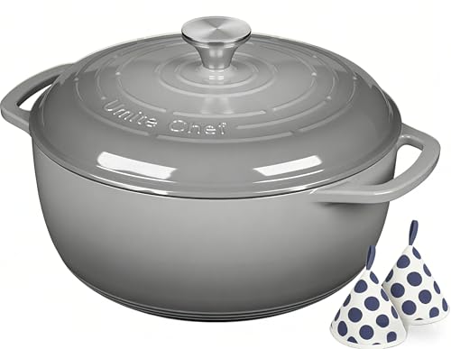 Enameled Cast Iron Dutch Oven - Umite Chef 6QT Pot with Lid & Cotton Potholders - Dual Handles -Versatile Heavy Duty Cookware for Bread Baking,Braising, Stews, Roasting(Grey)
