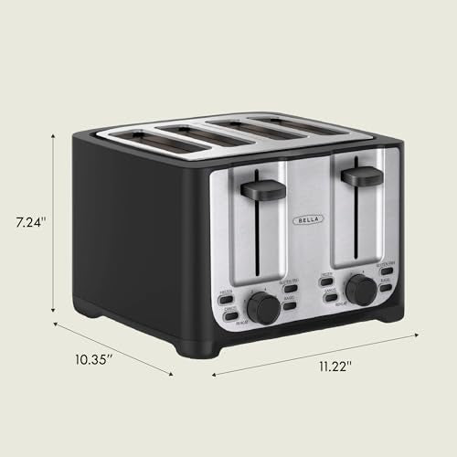 bella 4 Slice Toaster with Auto Shut Off, Extra Wide Slots & Removable Crumb Tray and Cancel, Defrost & Reheat Function, Toast Bread & Bagel, Black