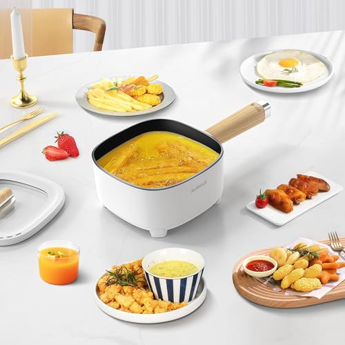 Audecook Hot Pot Electric 2L, Cermic Glaze Non-Stick Frying Pan 8 Inch, Portable Travel Cooker for Ramen/Steak/Fried Rice/Oatmeal/Soup, with Dual Power Control (Silicone Spatula Included)
