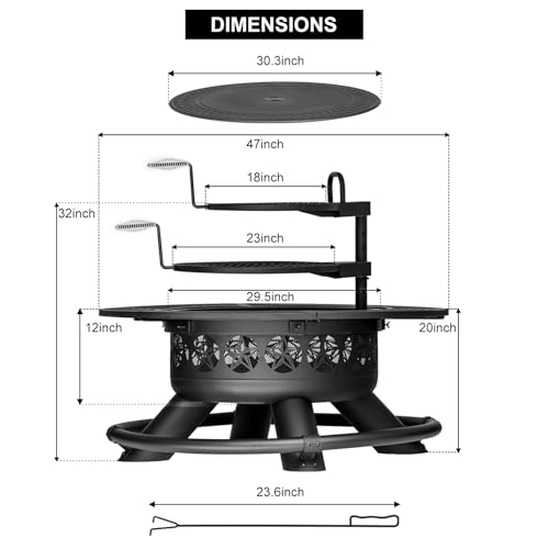 Verdeluxe 47 Inch Outdoor Fire Pit with 2 Grills, Extra Large BBQ Firepits for Outside, Metal Round Fire pits with Lid&Fire Poker,3 in 1 Wood Burning Outdoor Fireplaces for Backyard,Patio,Bonfire
