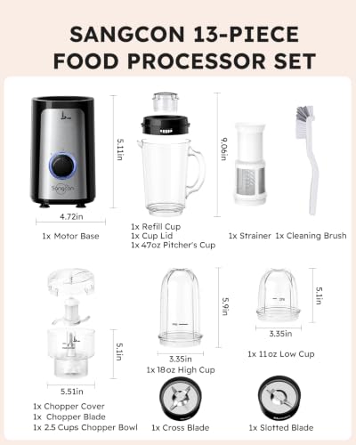SANGCON 5 in 1 Blender and Food Processor Combo for Kitchen, Small Electric Food Chopper for Meat and Vegetable, 350W High Speed Blenders with 2 Speeds and Pulse for Smoothies and Shakes