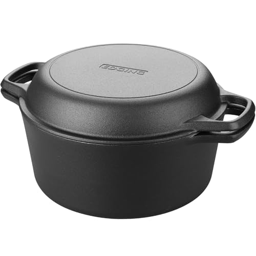 EDGING CASTING Pre-Seasoned Cast Iron Dutch Oven Pot with Skillet Lid Cooking Pan, 2-in-1 Sourdough Bread Baking Pan with Proofing Basket and Baking Supplies, 5QT
